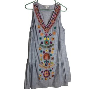 See and Be Seen Blue  Embroidered Tiered Cotton Dress Large D5268